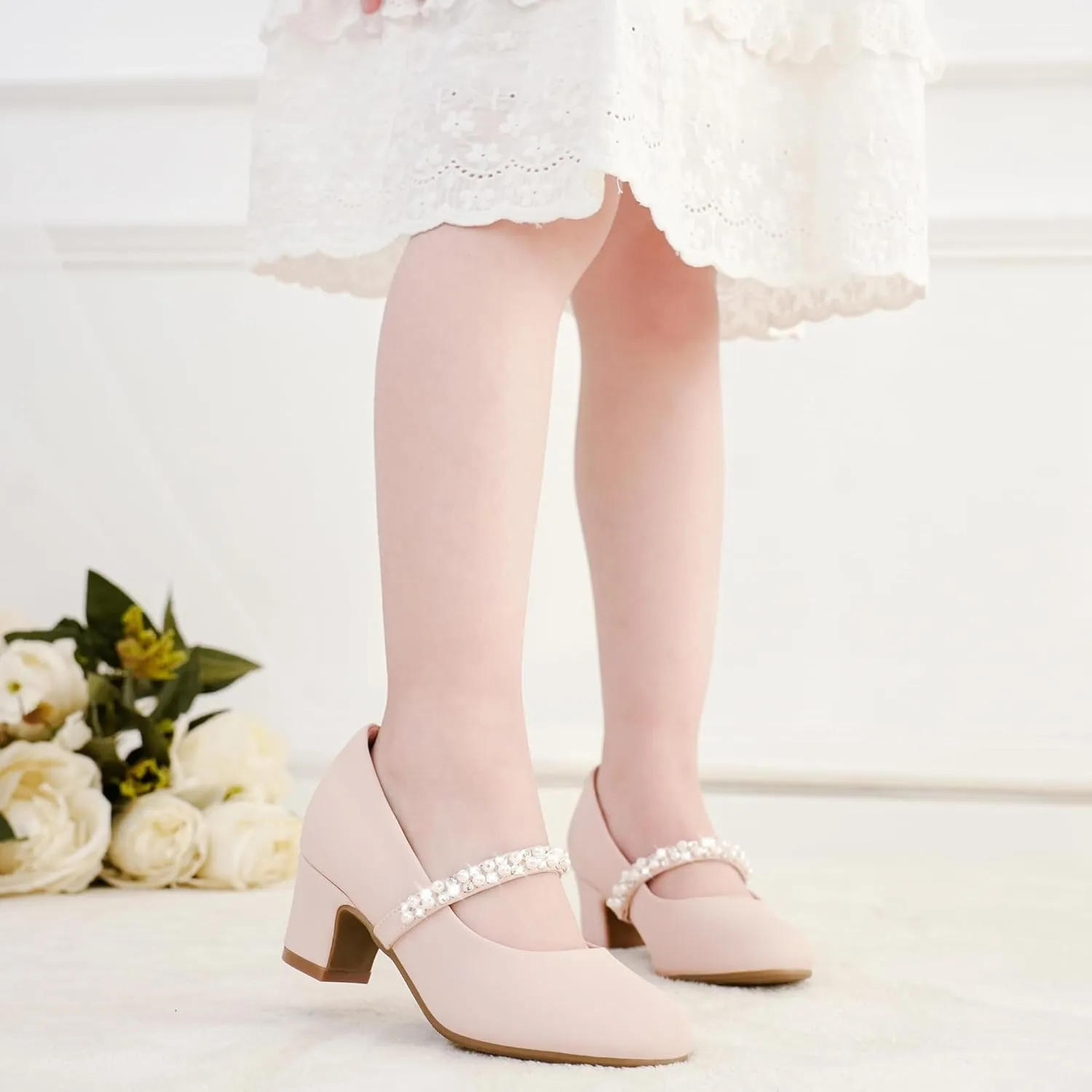 Flower Girl Shoes Kids High Heels Mary Jane Flats Cute Pearl Rhinestones Girls Dress Pumps Shoes for Church Wedding Party Little Big Kids