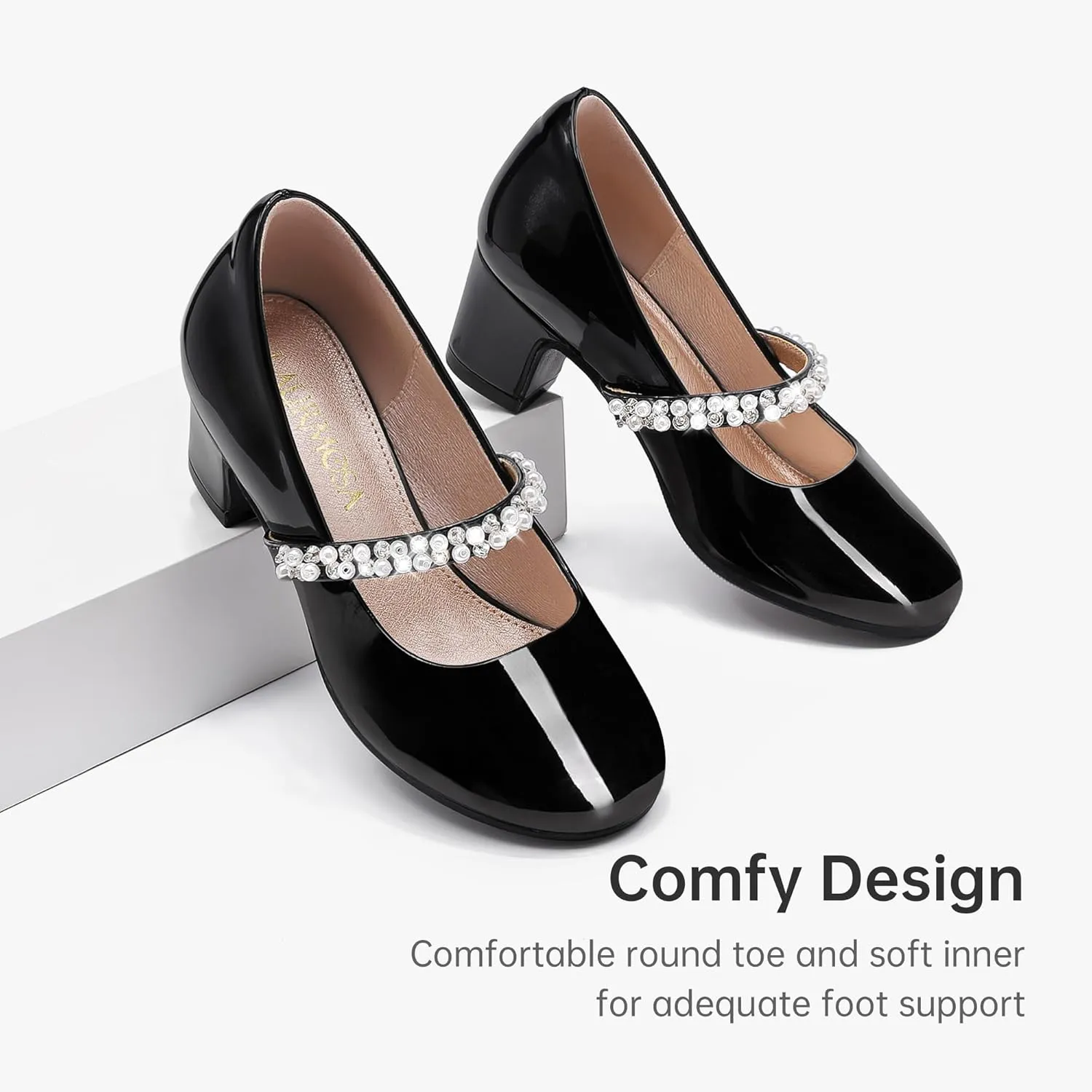 Flower Girl Shoes Kids High Heels Mary Jane Flats Cute Pearl Rhinestones Girls Dress Pumps Shoes for Church Wedding Party Little Big Kids