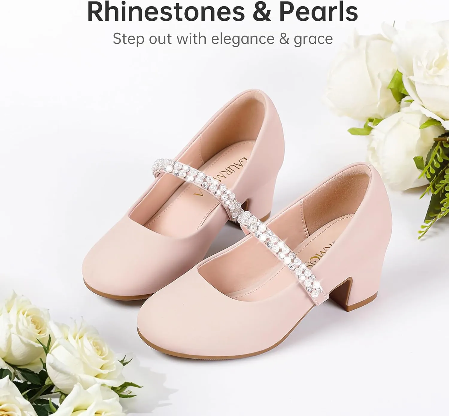 Flower Girl Shoes Kids High Heels Mary Jane Flats Cute Pearl Rhinestones Girls Dress Pumps Shoes for Church Wedding Party Little Big Kids
