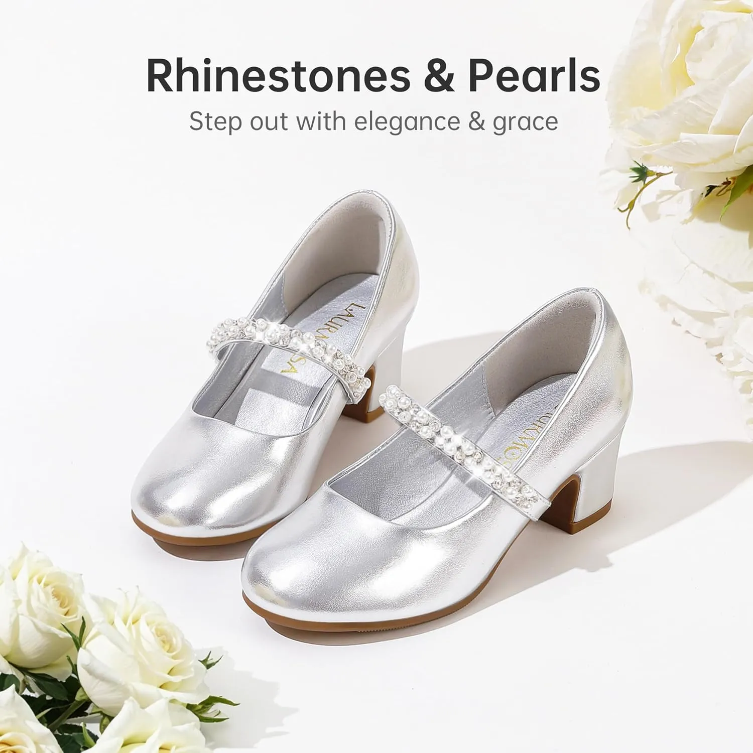 Flower Girl Shoes Kids High Heels Mary Jane Flats Cute Pearl Rhinestones Girls Dress Pumps Shoes for Church Wedding Party Little Big Kids