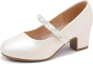Flower Girl Shoes Kids High Heels Mary Jane Flats Cute Pearl Rhinestones Girls Dress Pumps Shoes for Church Wedding Party Little Big Kids