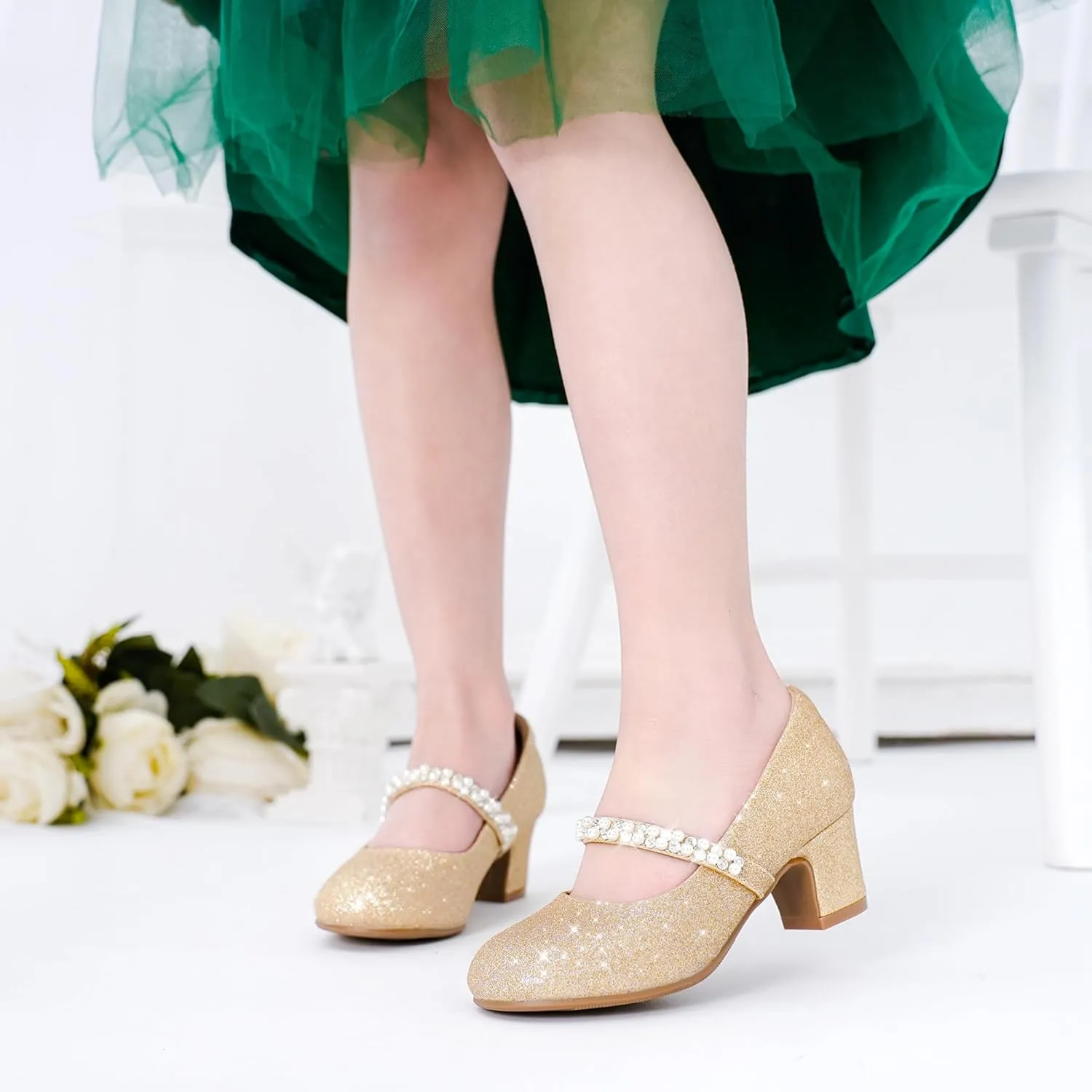 Flower Girl Shoes Kids High Heels Mary Jane Flats Cute Pearl Rhinestones Girls Dress Pumps Shoes for Church Wedding Party Little Big Kids