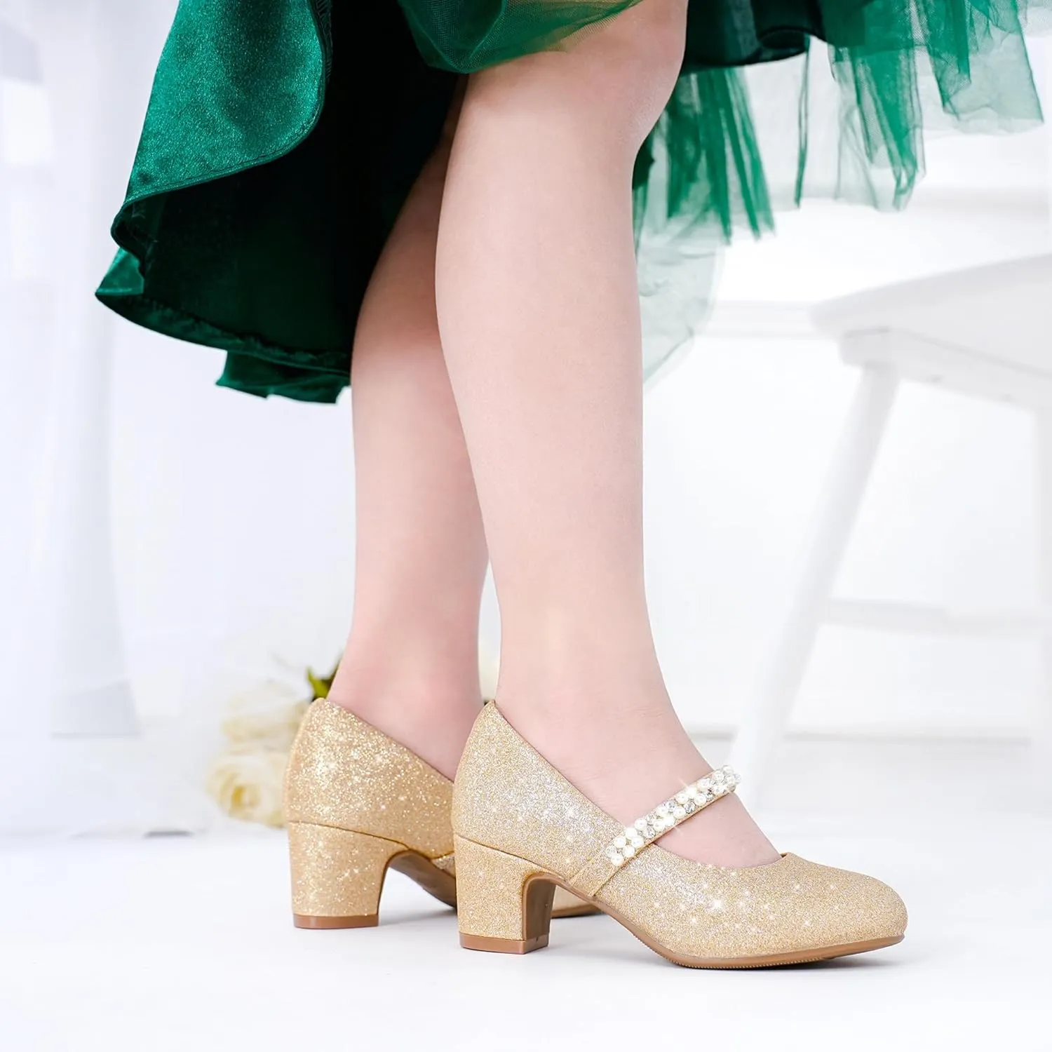 Flower Girl Shoes Kids High Heels Mary Jane Flats Cute Pearl Rhinestones Girls Dress Pumps Shoes for Church Wedding Party Little Big Kids