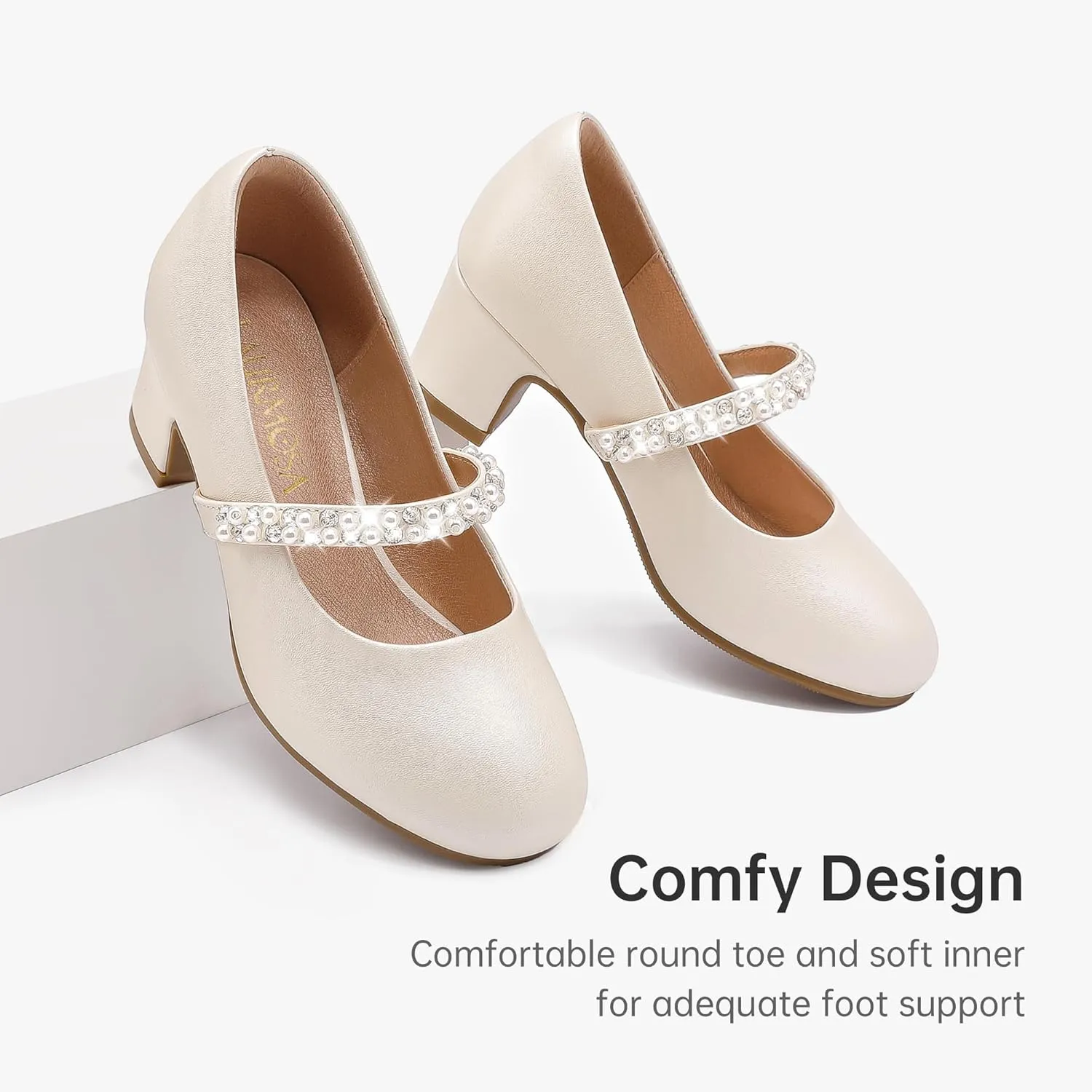 Flower Girl Shoes Kids High Heels Mary Jane Flats Cute Pearl Rhinestones Girls Dress Pumps Shoes for Church Wedding Party Little Big Kids
