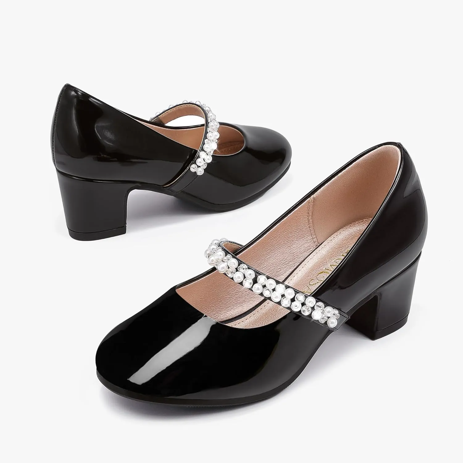 Flower Girl Shoes Kids High Heels Mary Jane Flats Cute Pearl Rhinestones Girls Dress Pumps Shoes for Church Wedding Party Little Big Kids
