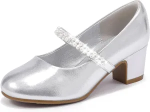 Flower Girl Shoes Kids High Heels Mary Jane Flats Cute Pearl Rhinestones Girls Dress Pumps Shoes for Church Wedding Party Little Big Kids