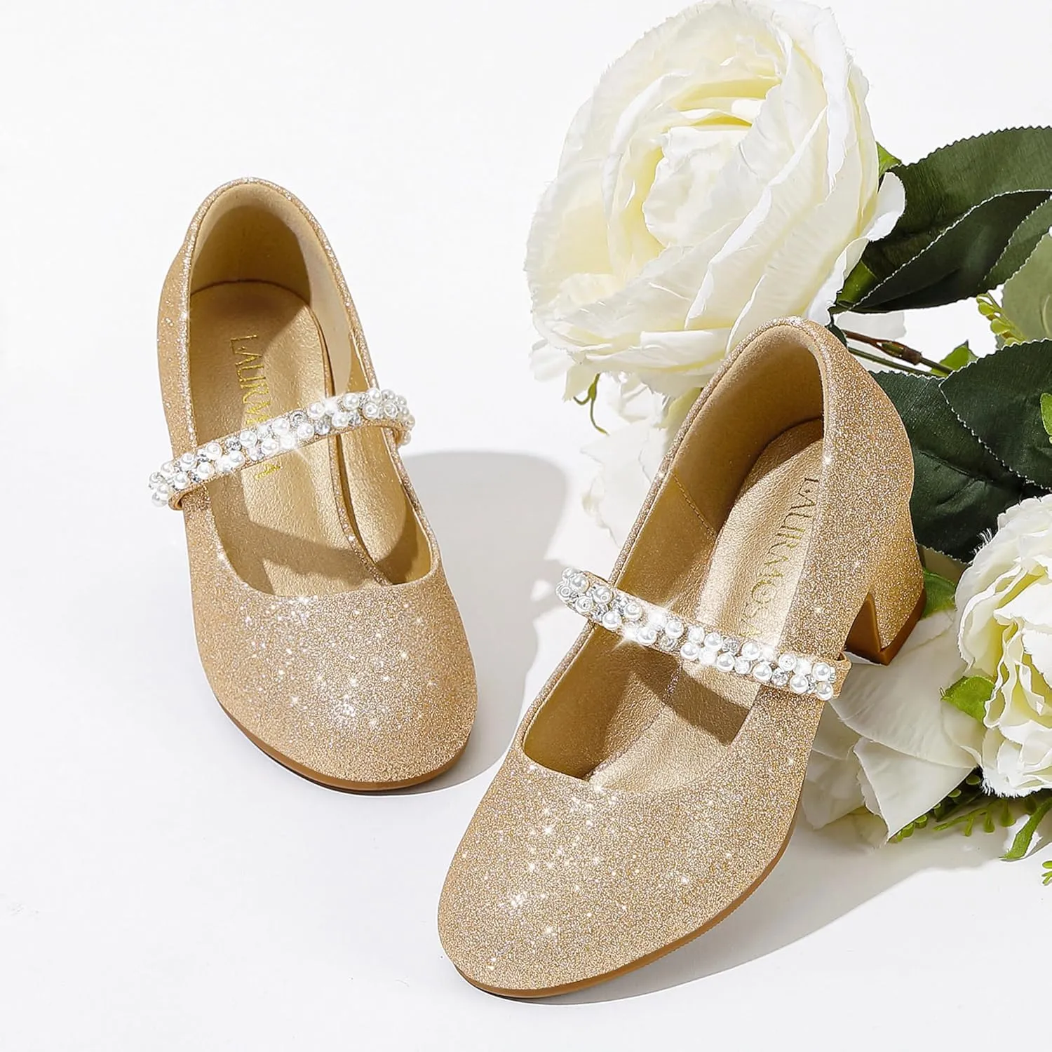 Flower Girl Shoes Kids High Heels Mary Jane Flats Cute Pearl Rhinestones Girls Dress Pumps Shoes for Church Wedding Party Little Big Kids