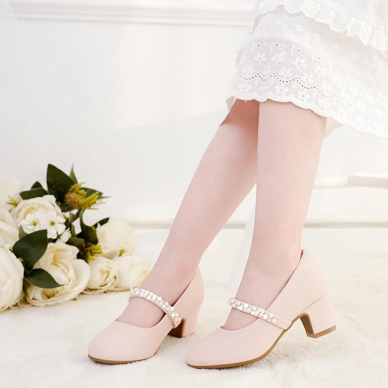 Flower Girl Shoes Kids High Heels Mary Jane Flats Cute Pearl Rhinestones Girls Dress Pumps Shoes for Church Wedding Party Little Big Kids