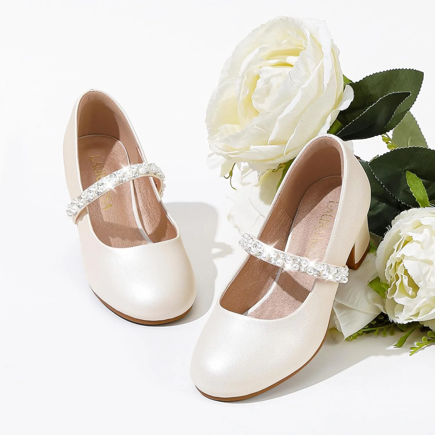 Flower Girl Shoes Kids High Heels Mary Jane Flats Cute Pearl Rhinestones Girls Dress Pumps Shoes for Church Wedding Party Little Big Kids