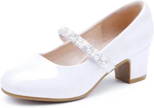 Flower Girl Shoes Kids High Heels Mary Jane Flats Cute Pearl Rhinestones Girls Dress Pumps Shoes for Church Wedding Party Little Big Kids