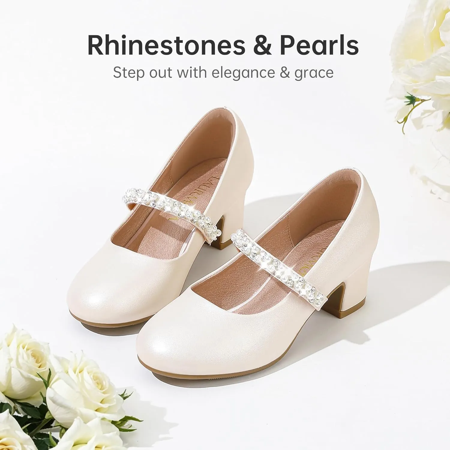 Flower Girl Shoes Kids High Heels Mary Jane Flats Cute Pearl Rhinestones Girls Dress Pumps Shoes for Church Wedding Party Little Big Kids