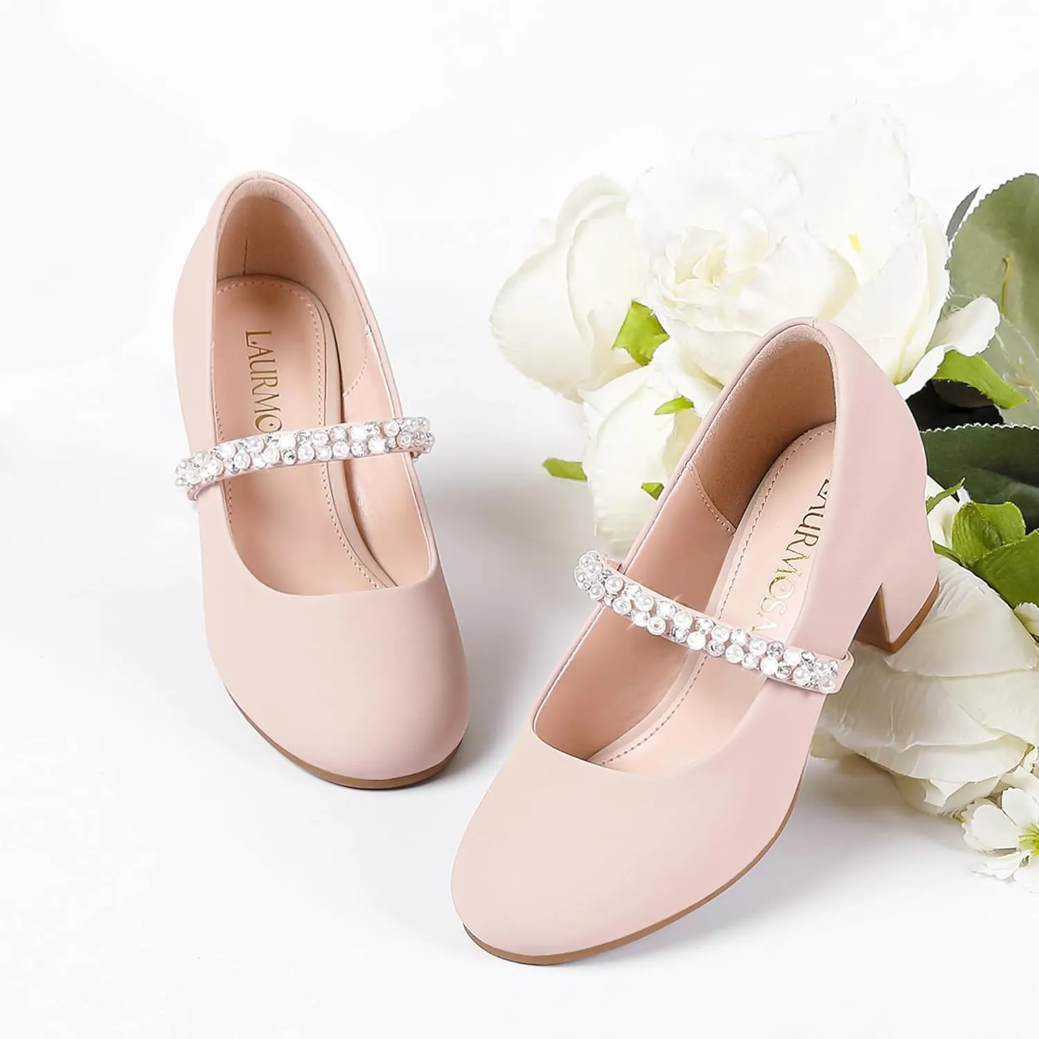 Flower Girl Shoes Kids High Heels Mary Jane Flats Cute Pearl Rhinestones Girls Dress Pumps Shoes for Church Wedding Party Little Big Kids