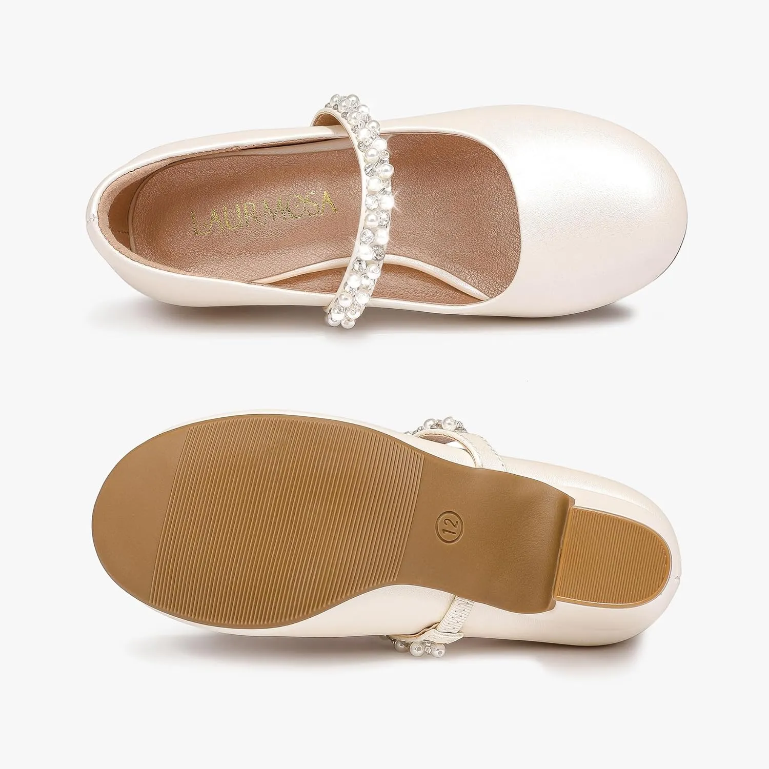 Flower Girl Shoes Kids High Heels Mary Jane Flats Cute Pearl Rhinestones Girls Dress Pumps Shoes for Church Wedding Party Little Big Kids