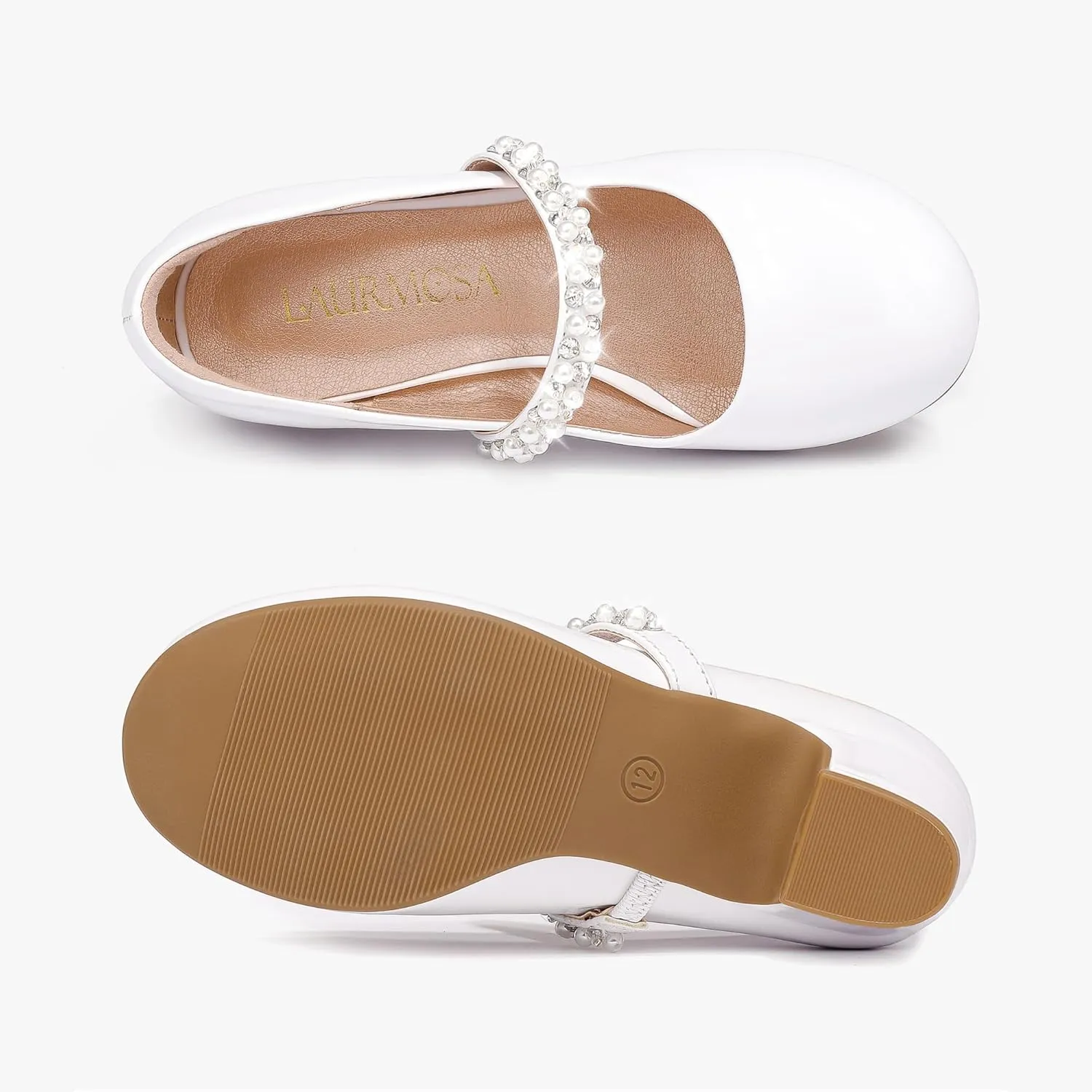 Flower Girl Shoes Kids High Heels Mary Jane Flats Cute Pearl Rhinestones Girls Dress Pumps Shoes for Church Wedding Party Little Big Kids