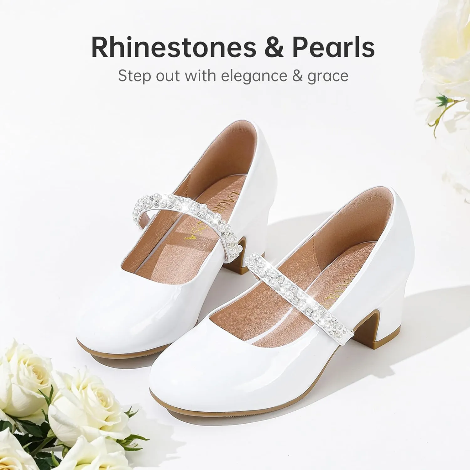 Flower Girl Shoes Kids High Heels Mary Jane Flats Cute Pearl Rhinestones Girls Dress Pumps Shoes for Church Wedding Party Little Big Kids