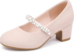 Flower Girl Shoes Kids High Heels Mary Jane Flats Cute Pearl Rhinestones Girls Dress Pumps Shoes for Church Wedding Party Little Big Kids