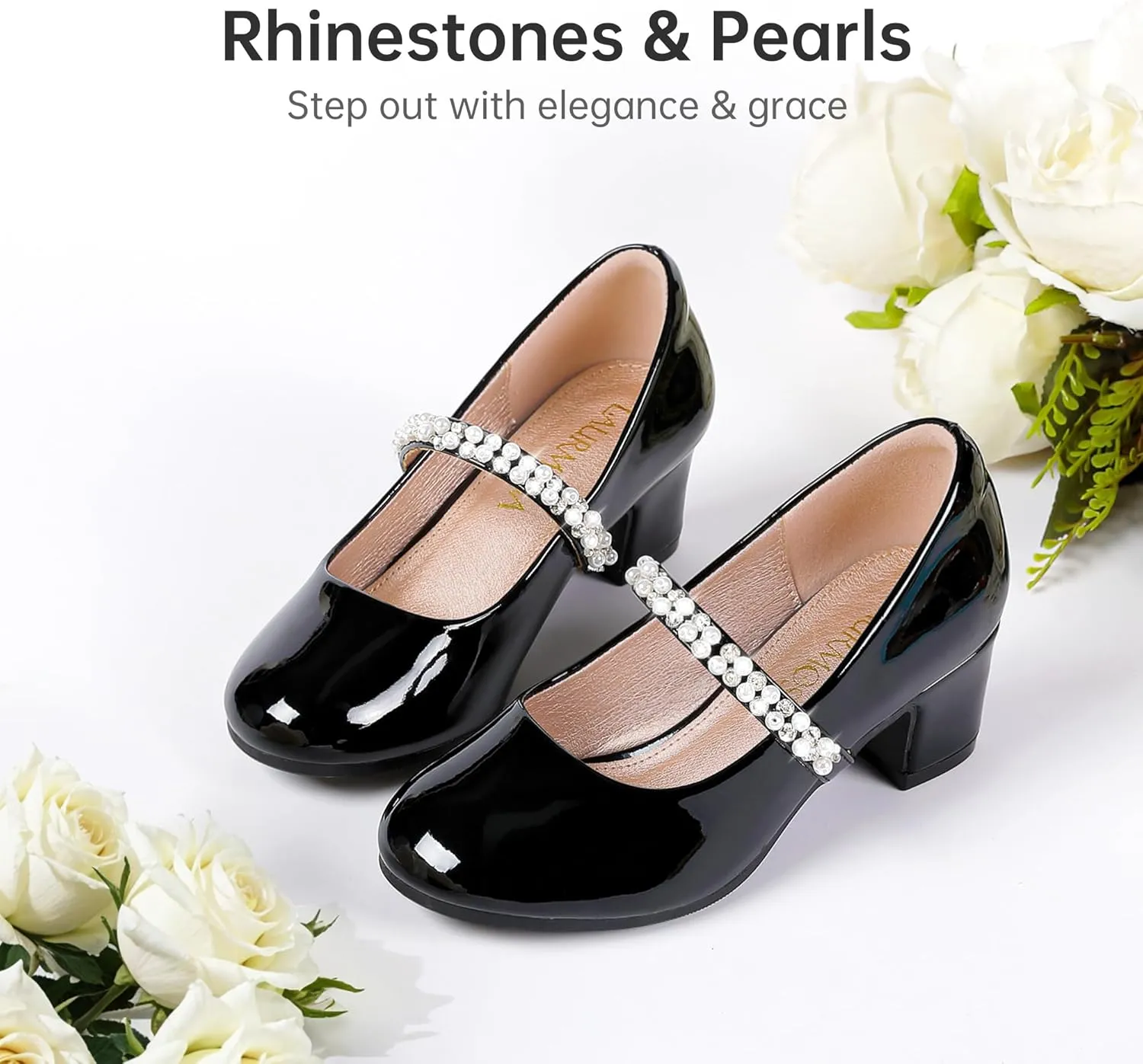 Flower Girl Shoes Kids High Heels Mary Jane Flats Cute Pearl Rhinestones Girls Dress Pumps Shoes for Church Wedding Party Little Big Kids