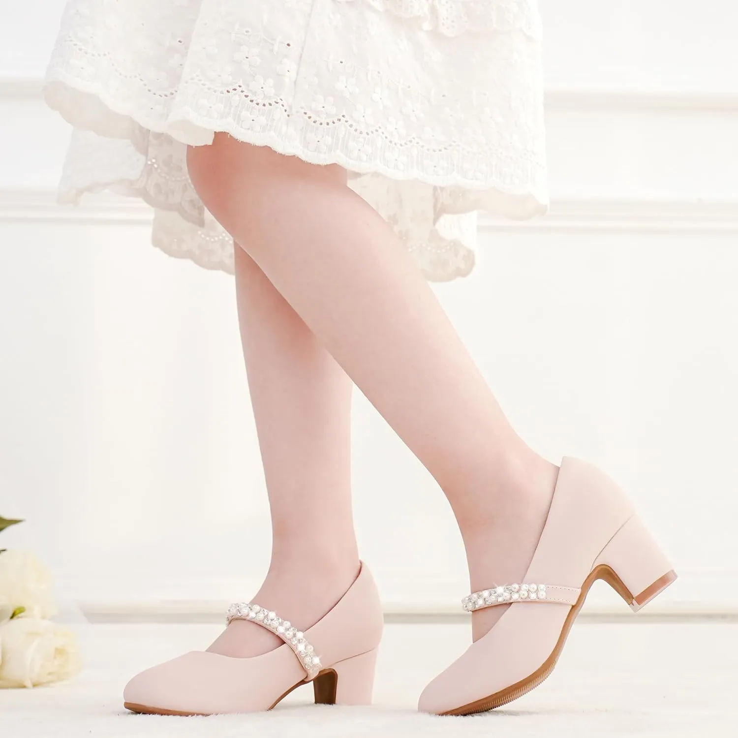 Flower Girl Shoes Kids High Heels Mary Jane Flats Cute Pearl Rhinestones Girls Dress Pumps Shoes for Church Wedding Party Little Big Kids