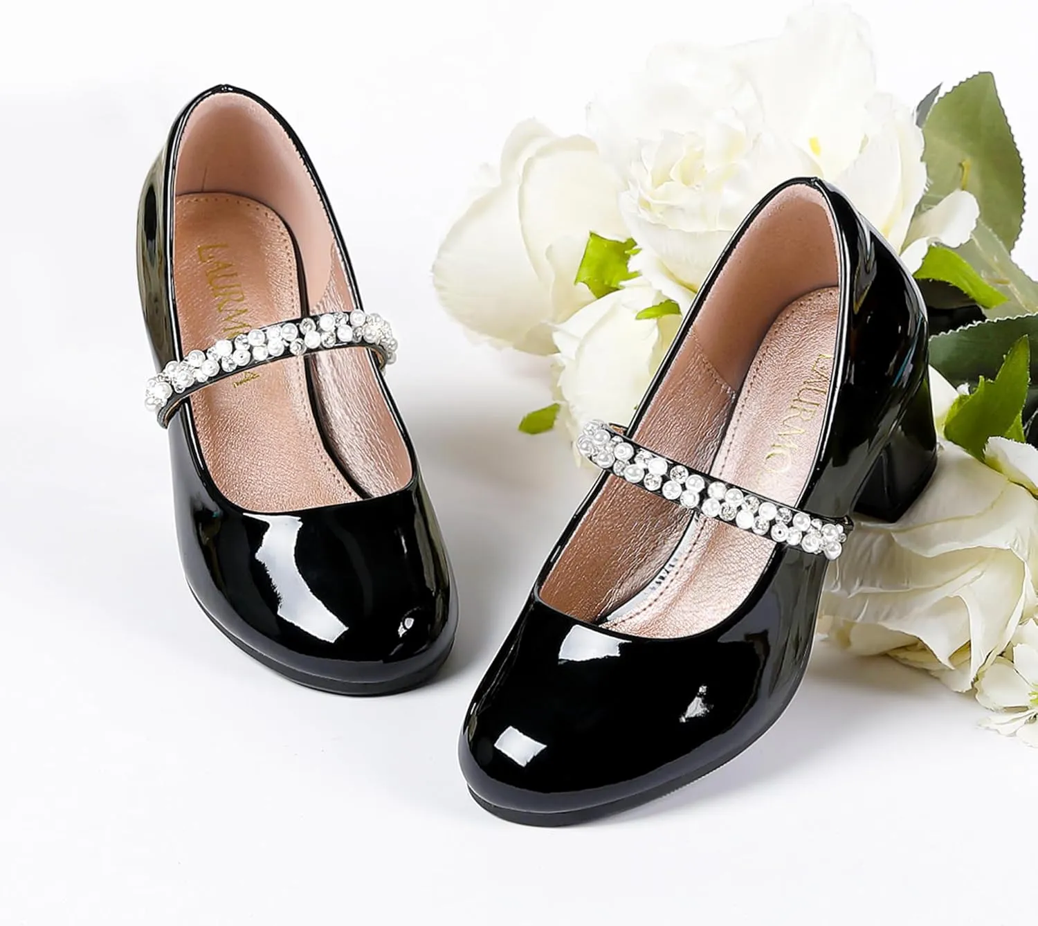 Flower Girl Shoes Kids High Heels Mary Jane Flats Cute Pearl Rhinestones Girls Dress Pumps Shoes for Church Wedding Party Little Big Kids