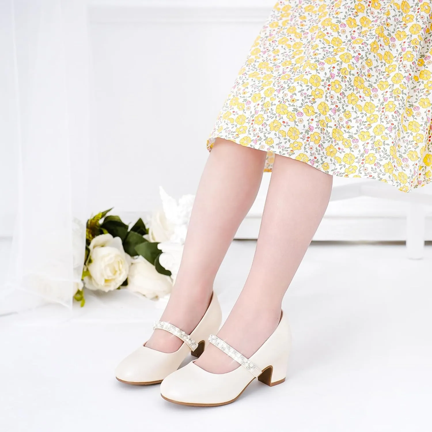 Flower Girl Shoes Kids High Heels Mary Jane Flats Cute Pearl Rhinestones Girls Dress Pumps Shoes for Church Wedding Party Little Big Kids