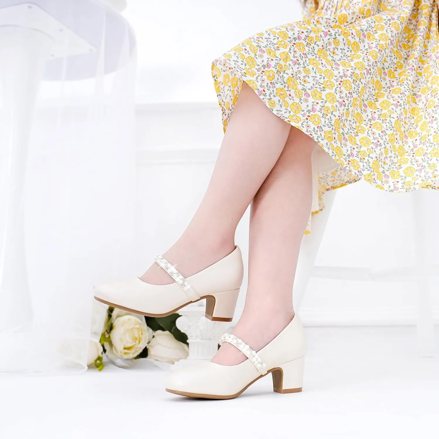 Flower Girl Shoes Kids High Heels Mary Jane Flats Cute Pearl Rhinestones Girls Dress Pumps Shoes for Church Wedding Party Little Big Kids