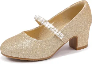 Flower Girl Shoes Kids High Heels Mary Jane Flats Cute Pearl Rhinestones Girls Dress Pumps Shoes for Church Wedding Party Little Big Kids