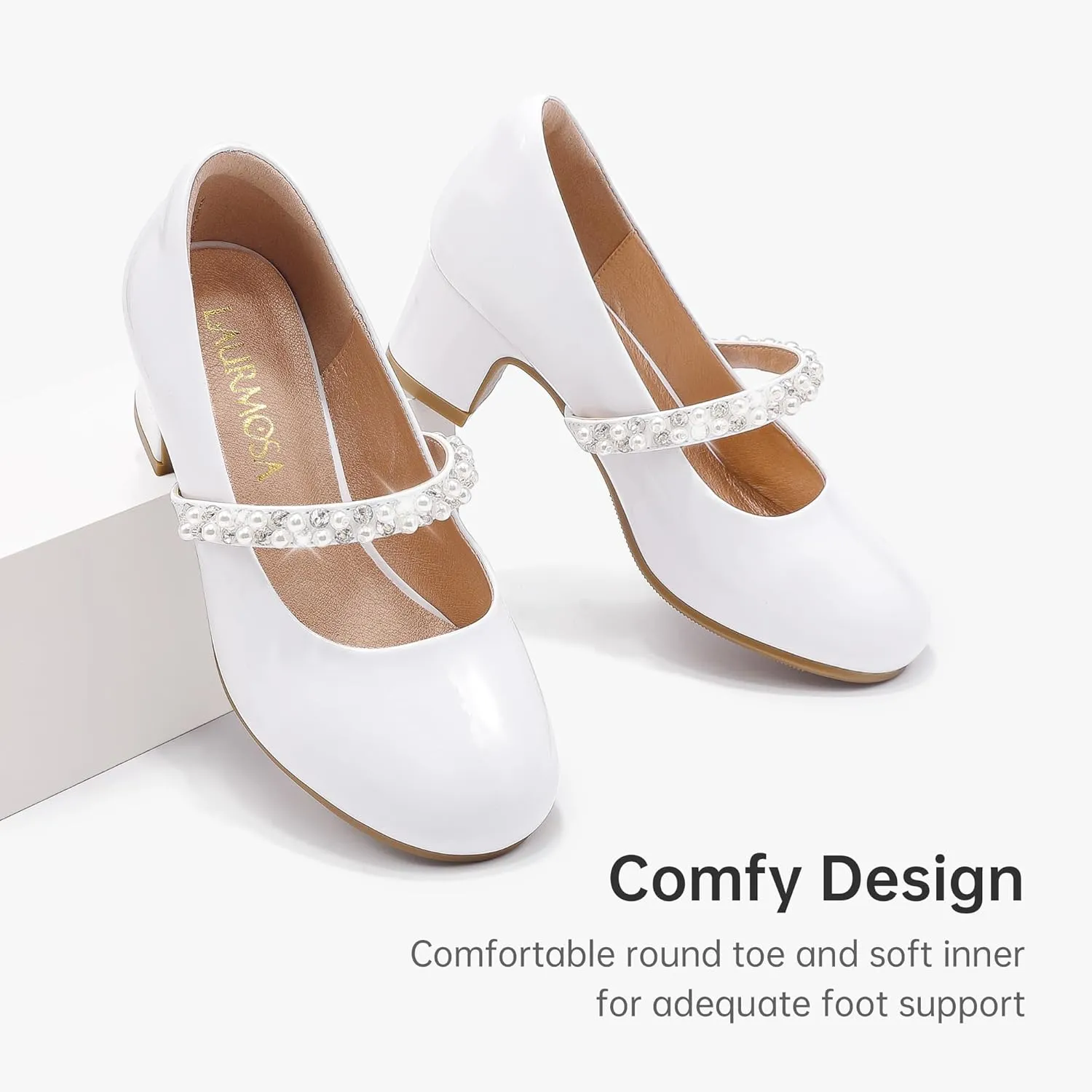 Flower Girl Shoes Kids High Heels Mary Jane Flats Cute Pearl Rhinestones Girls Dress Pumps Shoes for Church Wedding Party Little Big Kids