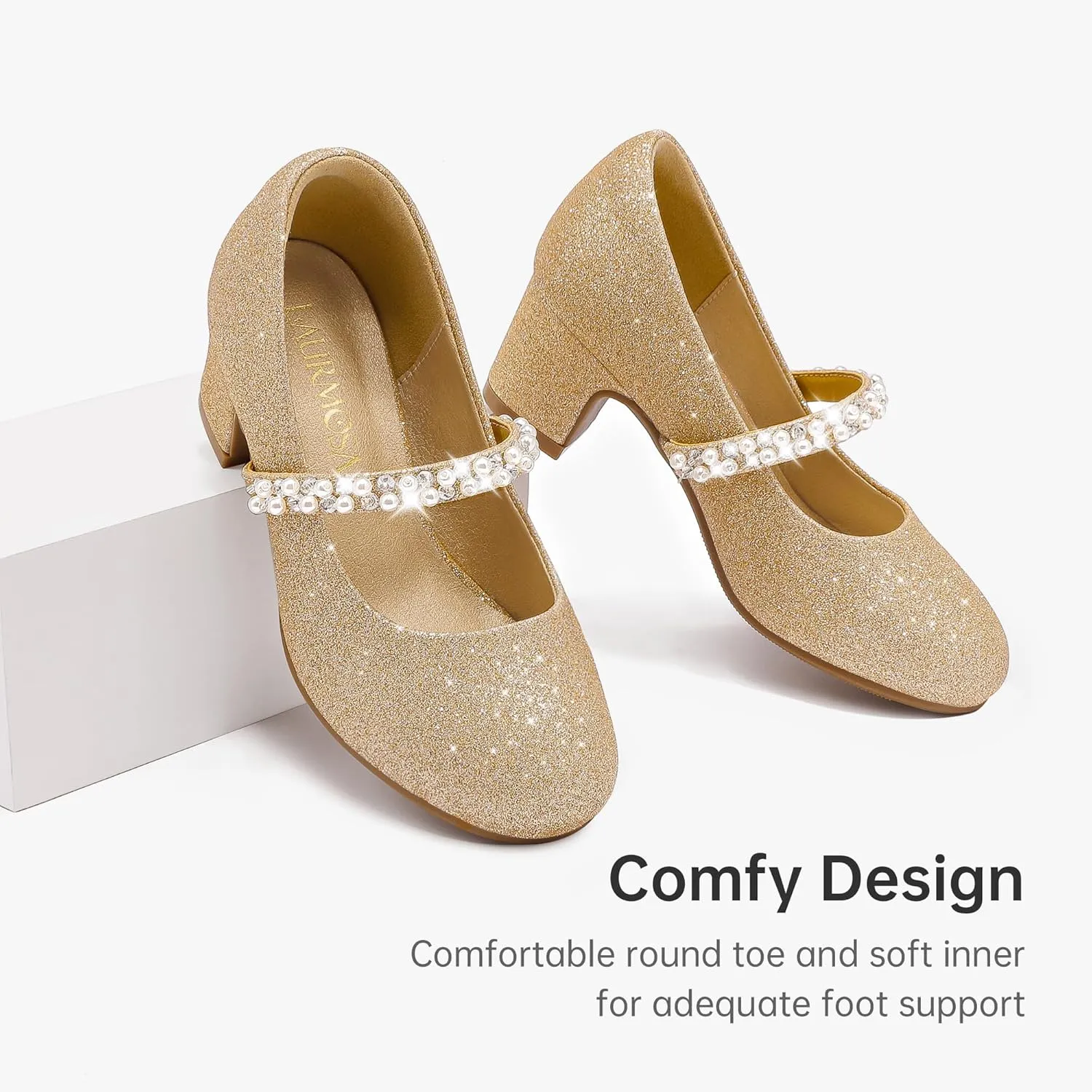 Flower Girl Shoes Kids High Heels Mary Jane Flats Cute Pearl Rhinestones Girls Dress Pumps Shoes for Church Wedding Party Little Big Kids