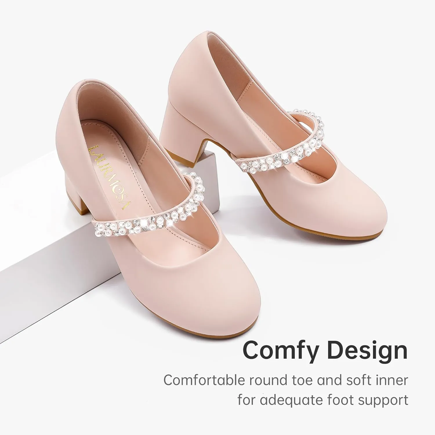Flower Girl Shoes Kids High Heels Mary Jane Flats Cute Pearl Rhinestones Girls Dress Pumps Shoes for Church Wedding Party Little Big Kids