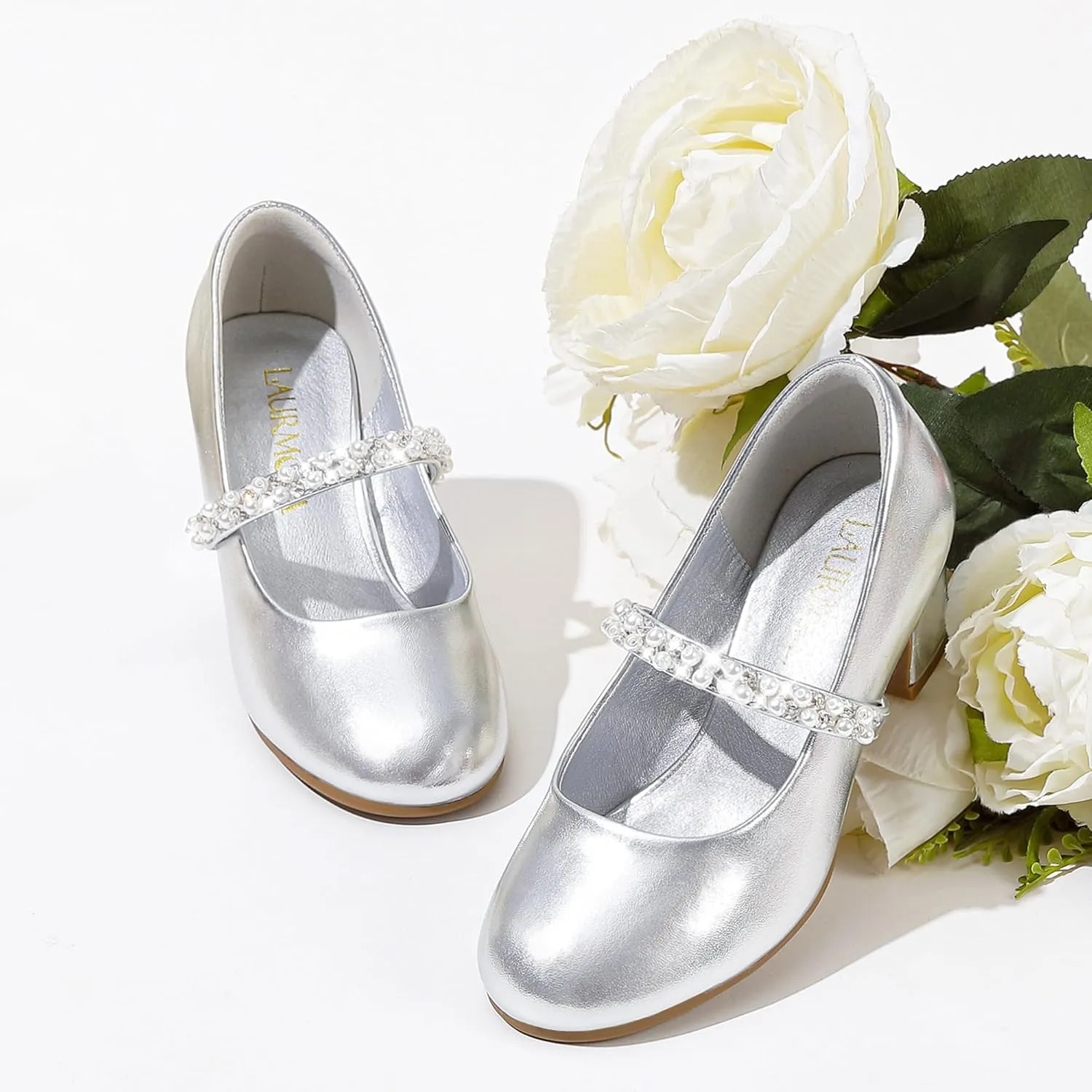 Flower Girl Shoes Kids High Heels Mary Jane Flats Cute Pearl Rhinestones Girls Dress Pumps Shoes for Church Wedding Party Little Big Kids