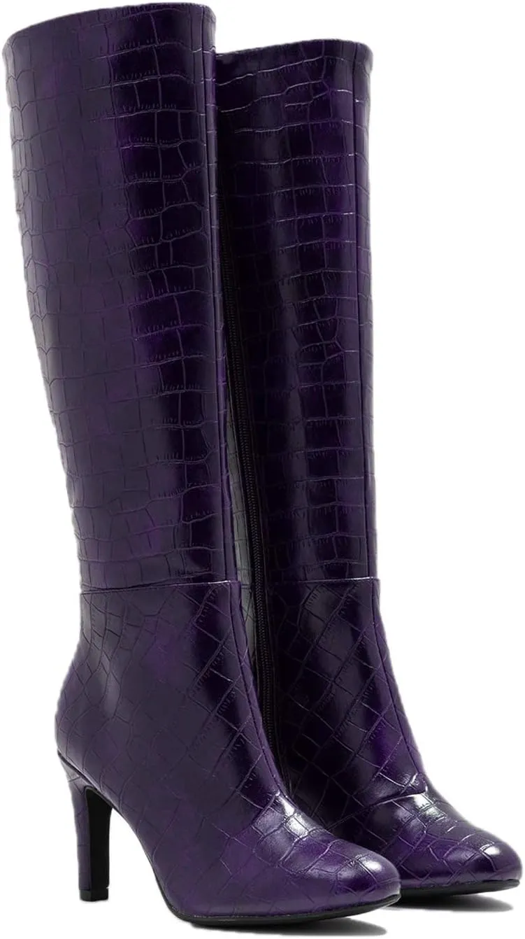 FOWT Women Croc-Embossed Mid Calf Boots Round Toe High Stiletto Heel Long Boots Sexy Side Zipper Unisex Warm Shoes for Office Outdoor Party 4-16 US Size