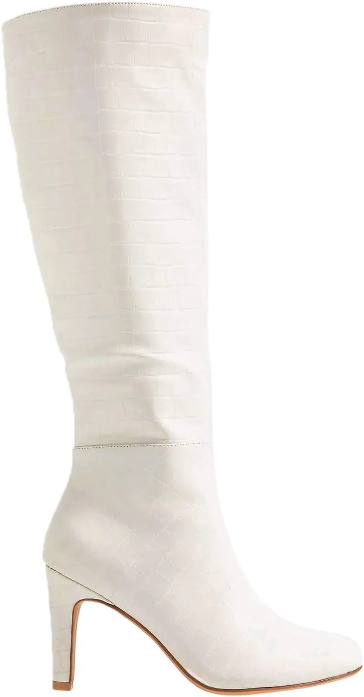 FOWT Women Croc-Embossed Mid Calf Boots Round Toe High Stiletto Heel Long Boots Sexy Side Zipper Unisex Warm Shoes for Office Outdoor Party 4-16 US Size