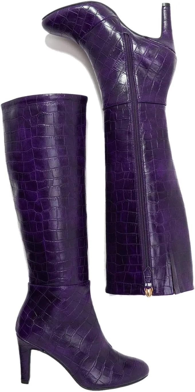 FOWT Women Croc-Embossed Mid Calf Boots Round Toe High Stiletto Heel Long Boots Sexy Side Zipper Unisex Warm Shoes for Office Outdoor Party 4-16 US Size