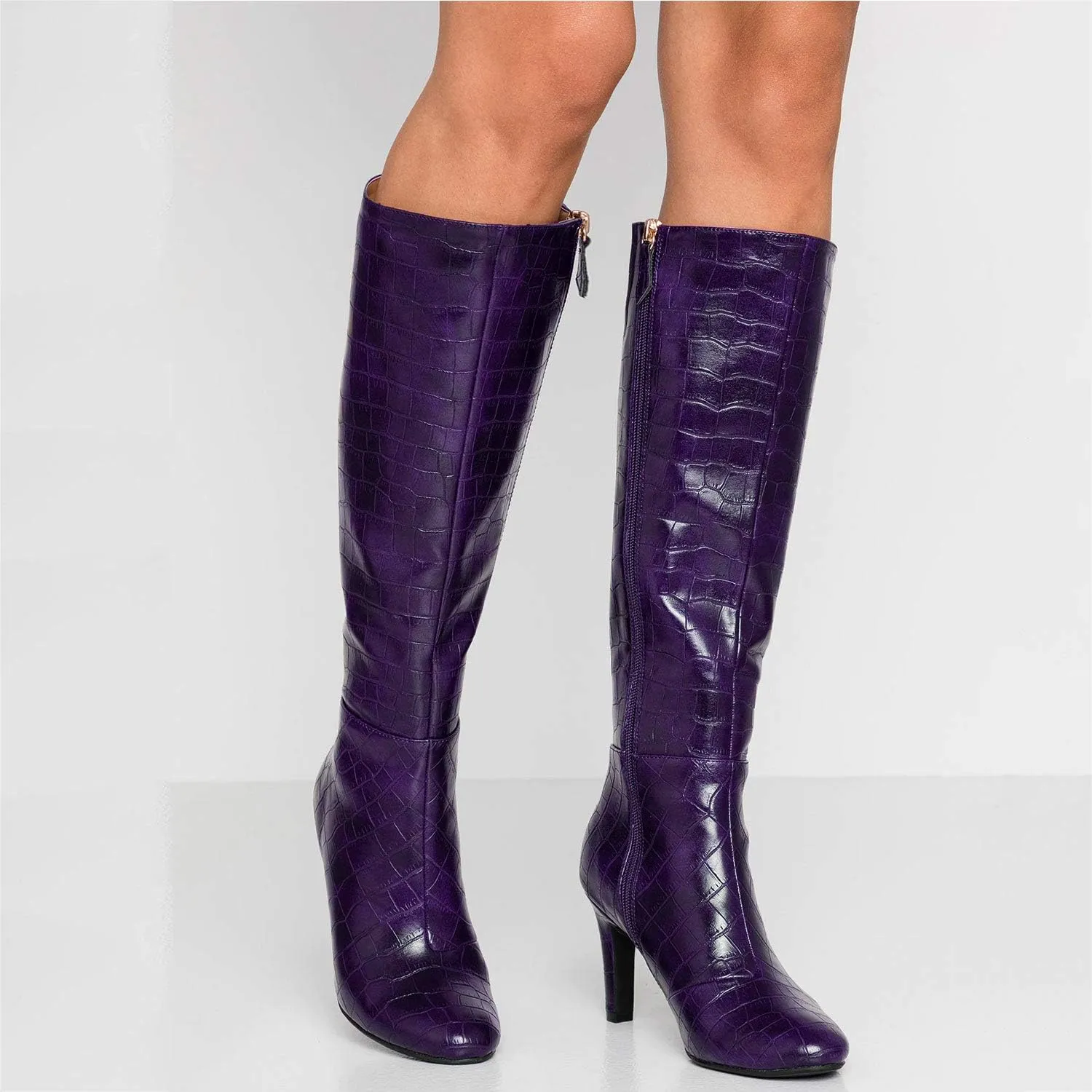 FOWT Women Croc-Embossed Mid Calf Boots Round Toe High Stiletto Heel Long Boots Sexy Side Zipper Unisex Warm Shoes for Office Outdoor Party 4-16 US Size