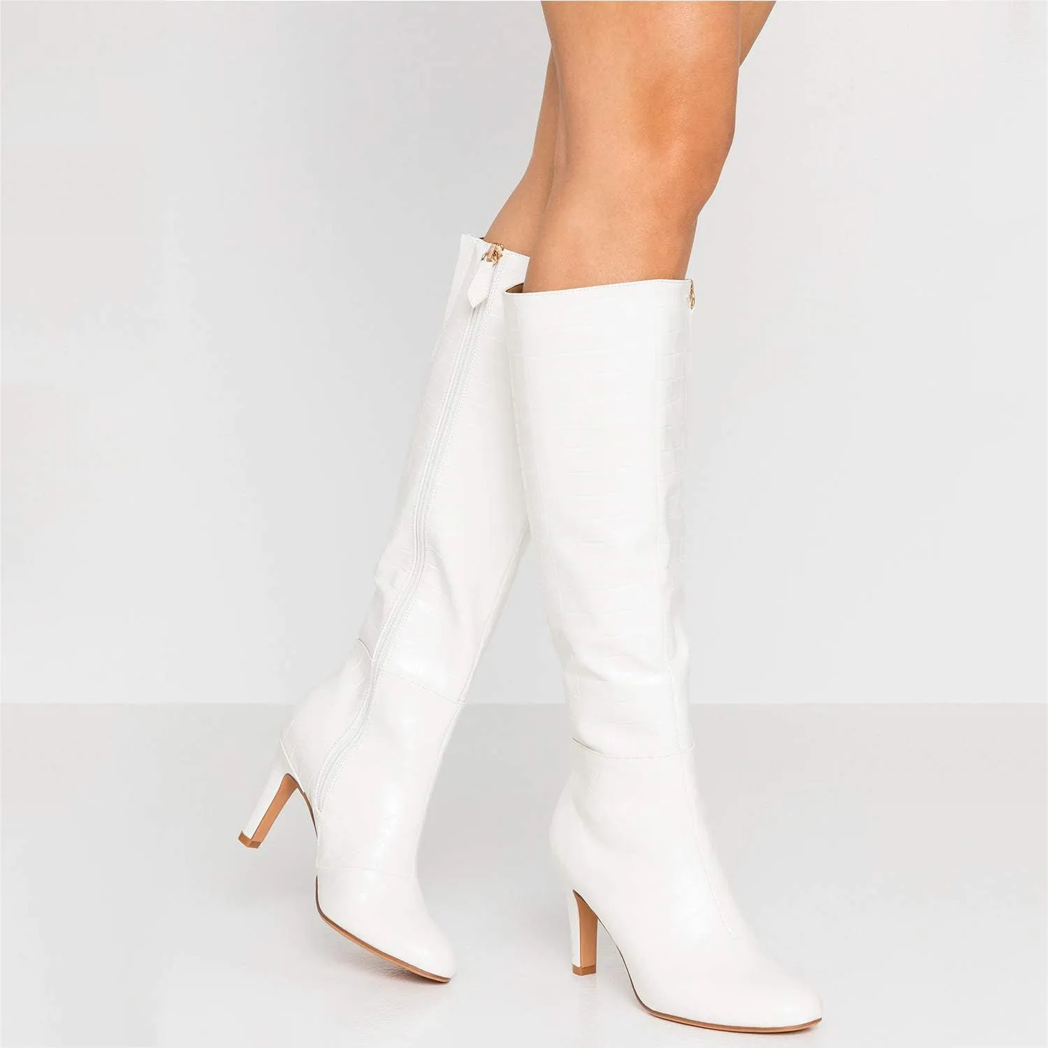 FOWT Women Croc-Embossed Mid Calf Boots Round Toe High Stiletto Heel Long Boots Sexy Side Zipper Unisex Warm Shoes for Office Outdoor Party 4-16 US Size