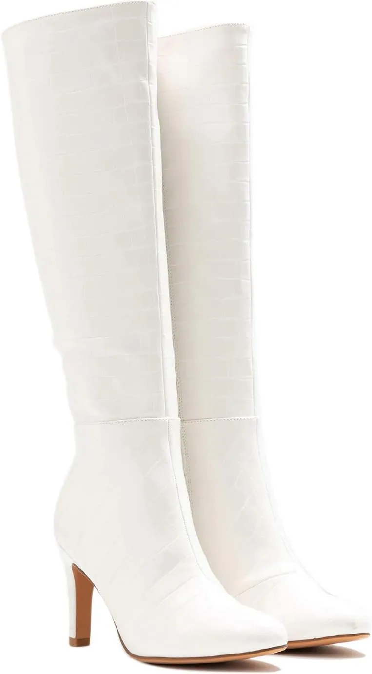 FOWT Women Croc-Embossed Mid Calf Boots Round Toe High Stiletto Heel Long Boots Sexy Side Zipper Unisex Warm Shoes for Office Outdoor Party 4-16 US Size