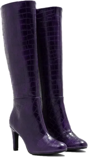 FOWT Women Croc-Embossed Mid Calf Boots Round Toe High Stiletto Heel Long Boots Sexy Side Zipper Unisex Warm Shoes for Office Outdoor Party 4-16 US Size