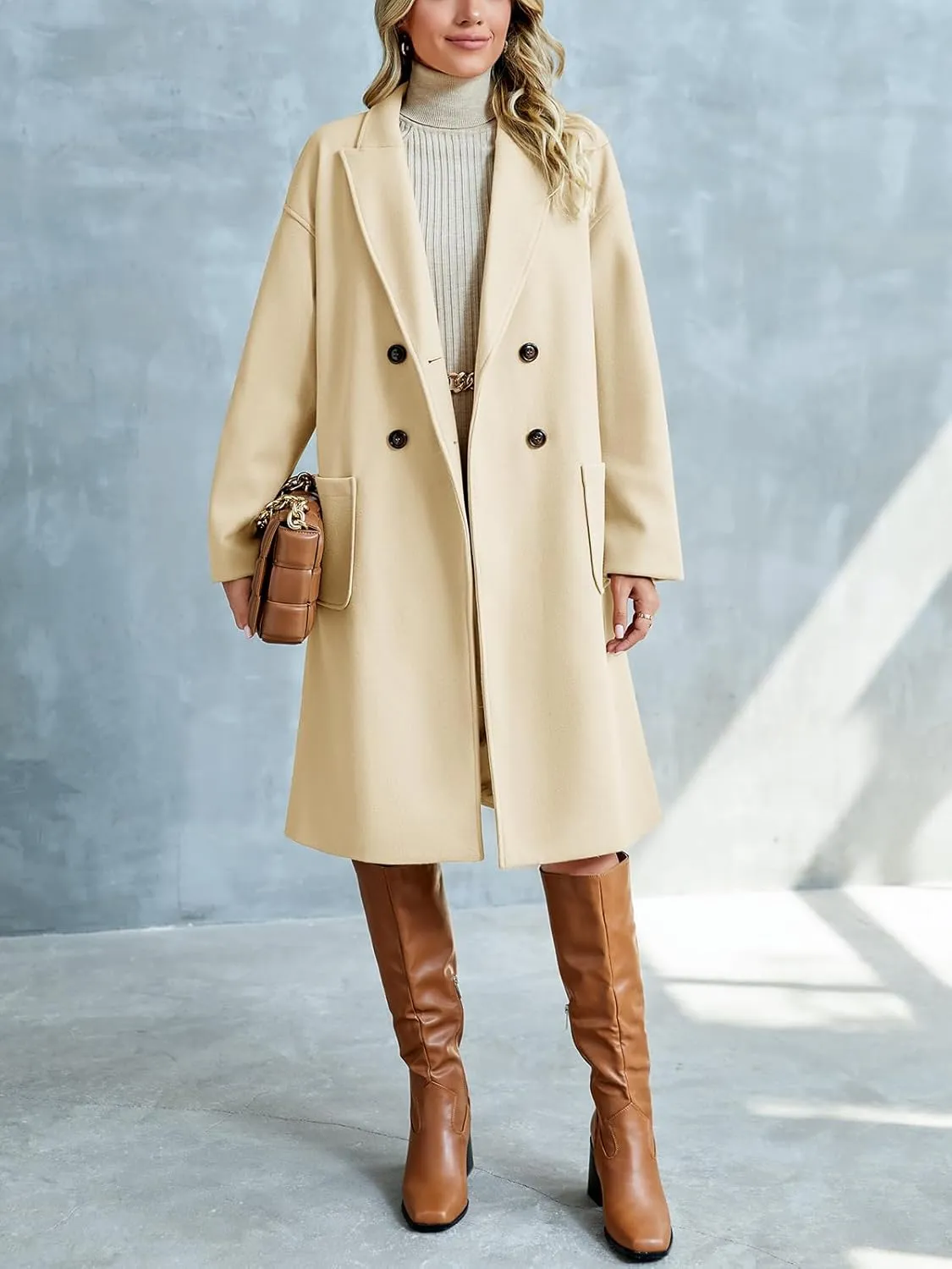 FSHAOES Womens Lapel Peacoat Winter Double-Breasted Outerwear Mid Long Jacket Casual Trench Coat