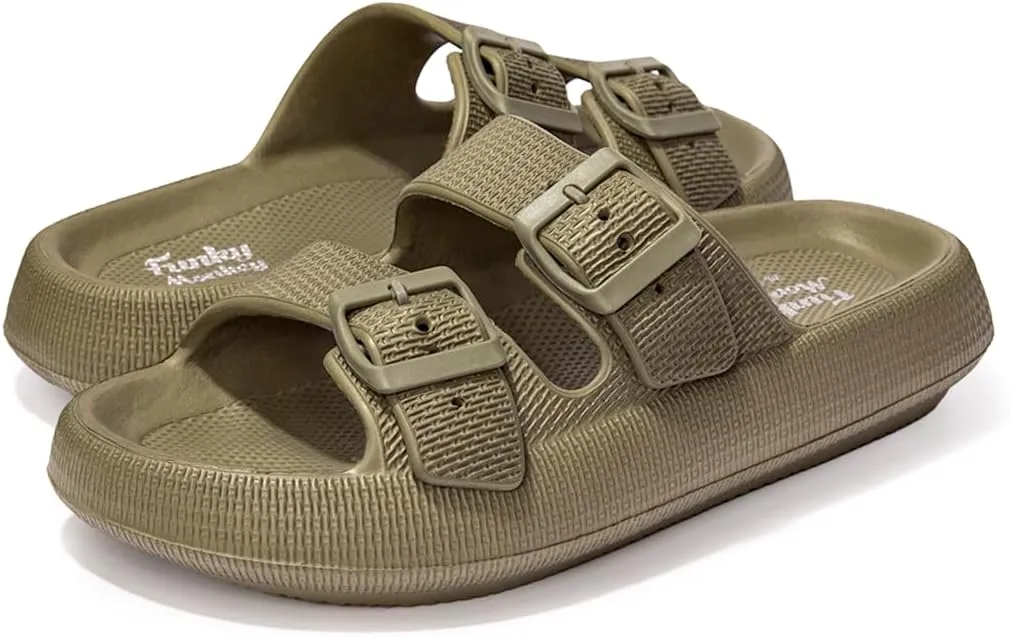 FUNKYMONKEY Unisex EVA Comfort Slides Thick-sole Adjustable Double Buckle Waterproof Pillow Sandals