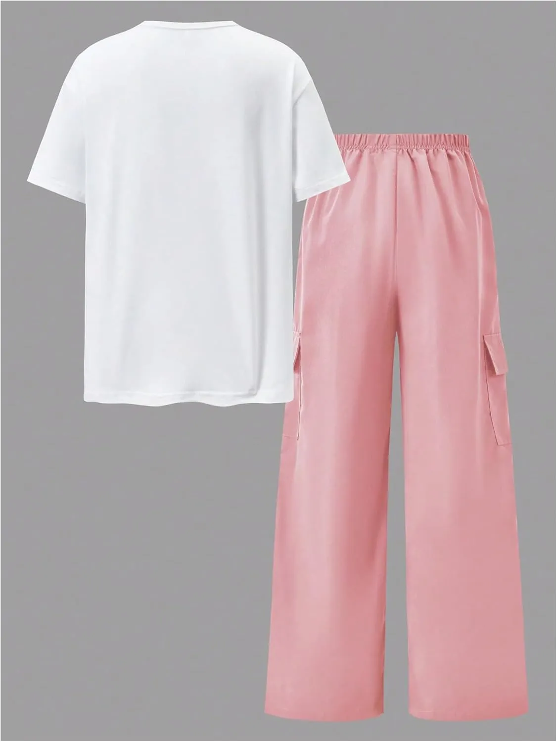 Girl's 2 Piece Outfits Short Sleeve Graphic Tees and Wide Leg Cargo Pants Set Streetwear