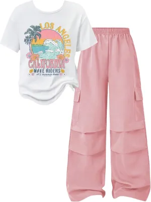 Girl's 2 Piece Outfits Short Sleeve Graphic Tees and Wide Leg Cargo Pants Set Streetwear