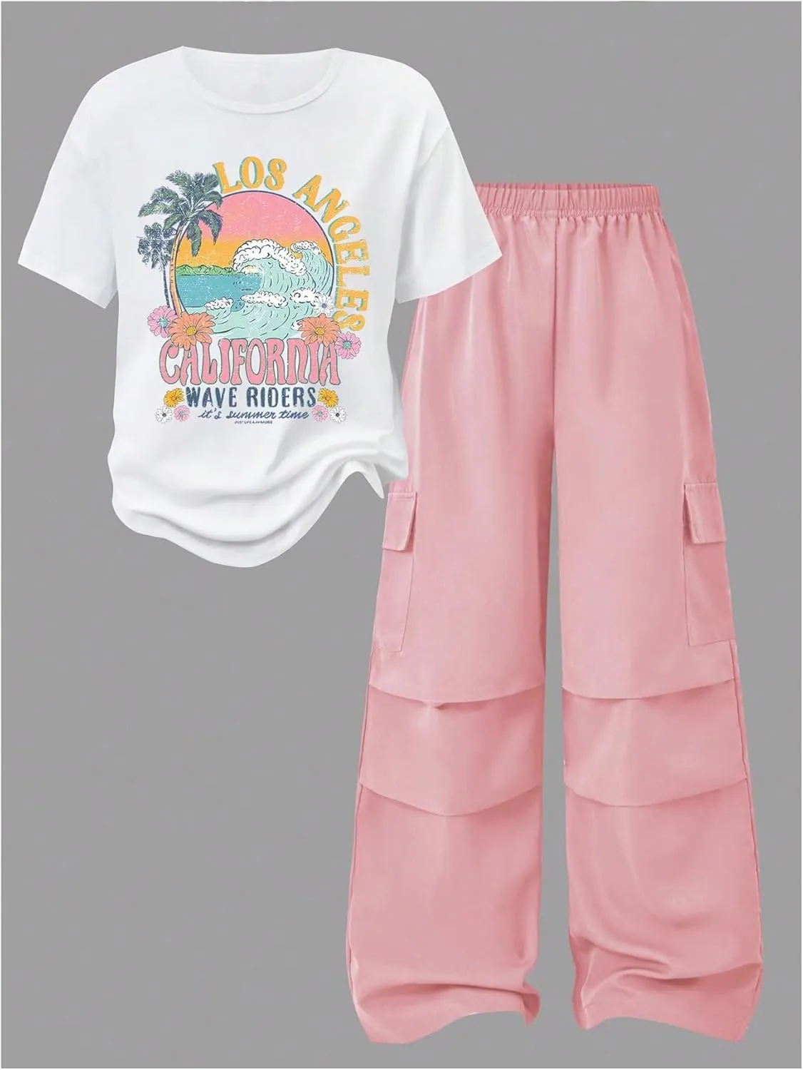 Girl's 2 Piece Outfits Short Sleeve Graphic Tees and Wide Leg Cargo Pants Set Streetwear