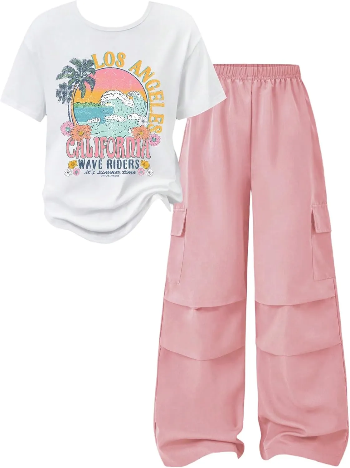 Girl's 2 Piece Outfits Short Sleeve Graphic Tees and Wide Leg Cargo Pants Set Streetwear