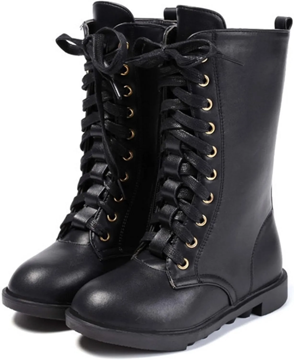 Girl's Boy's Waterproof Leather Side Zipper Mid Calf Combat Boots Outdoor Riding Boots Winter Snow Boots(Toddler/Little Kid/Big Kid)