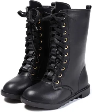 Girl's Boy's Waterproof Leather Side Zipper Mid Calf Combat Boots Outdoor Riding Boots Winter Snow Boots(Toddler/Little Kid/Big Kid)