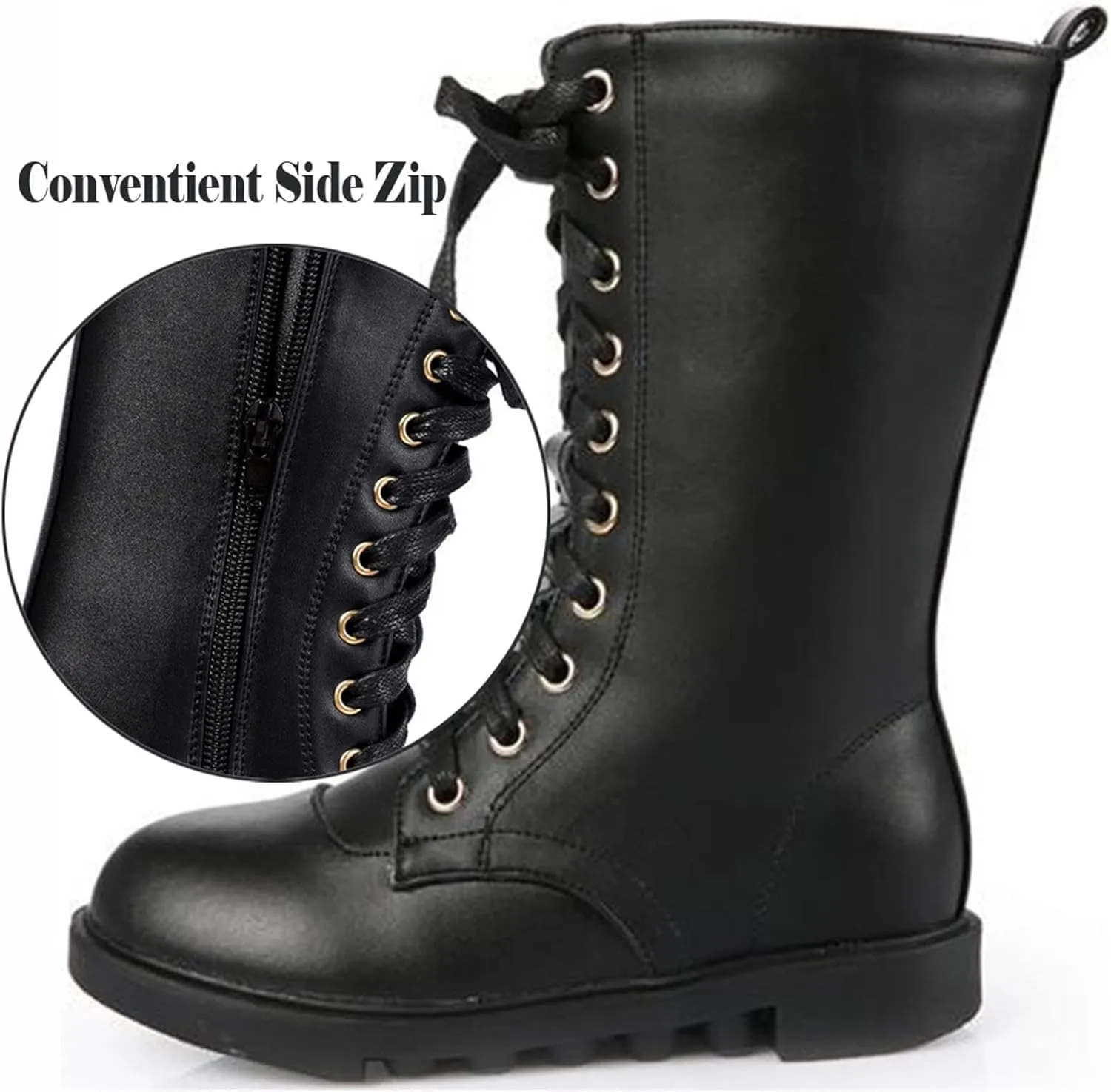 Girl's Boy's Waterproof Leather Side Zipper Mid Calf Combat Boots Outdoor Riding Boots Winter Snow Boots(Toddler/Little Kid/Big Kid)