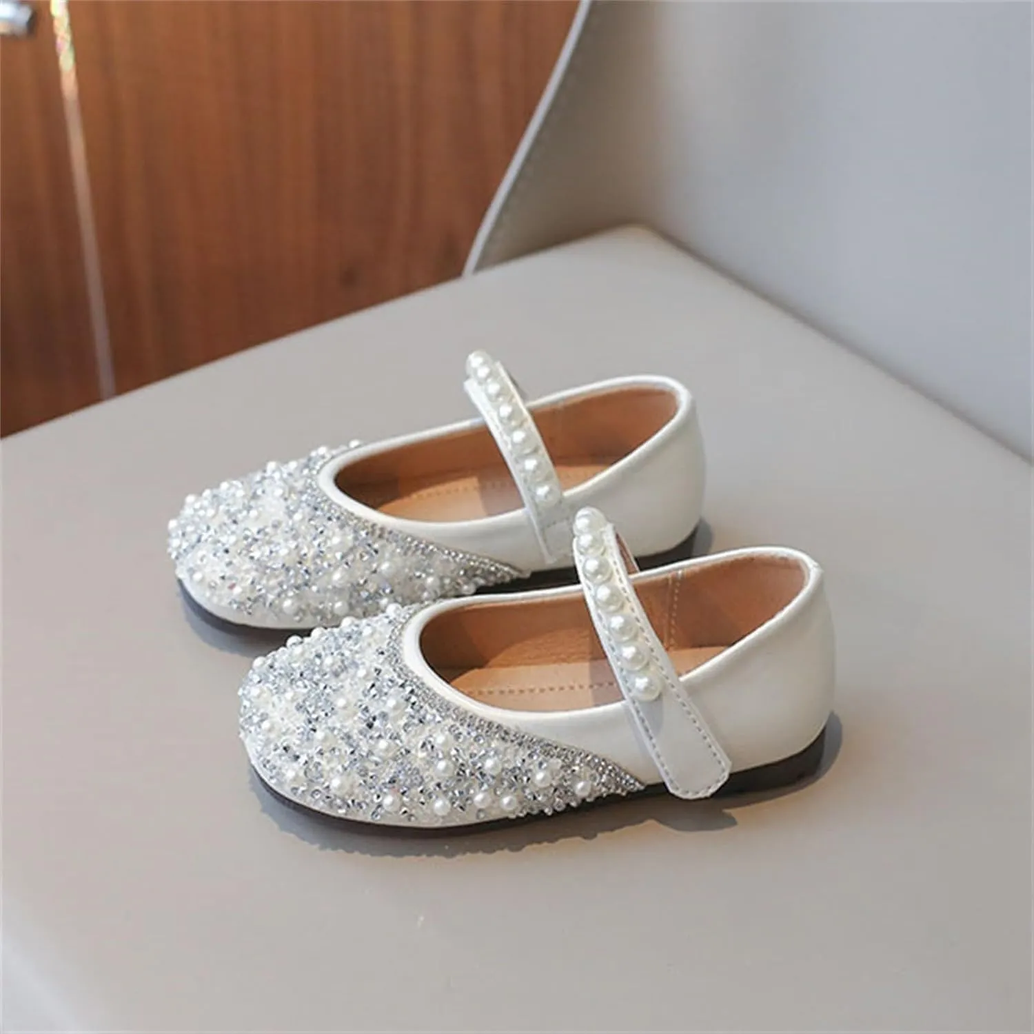 Girls Dress Shoes Mary Jane Ballet Shoes with Pearl Satin Ankle Tie Kids Glitter Rhinestone Flats for Wedding Party