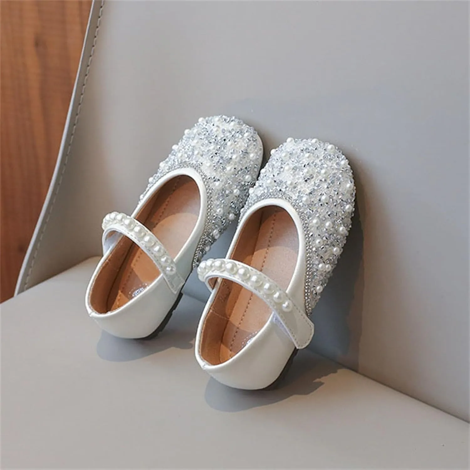 Girls Dress Shoes Mary Jane Ballet Shoes with Pearl Satin Ankle Tie Kids Glitter Rhinestone Flats for Wedding Party
