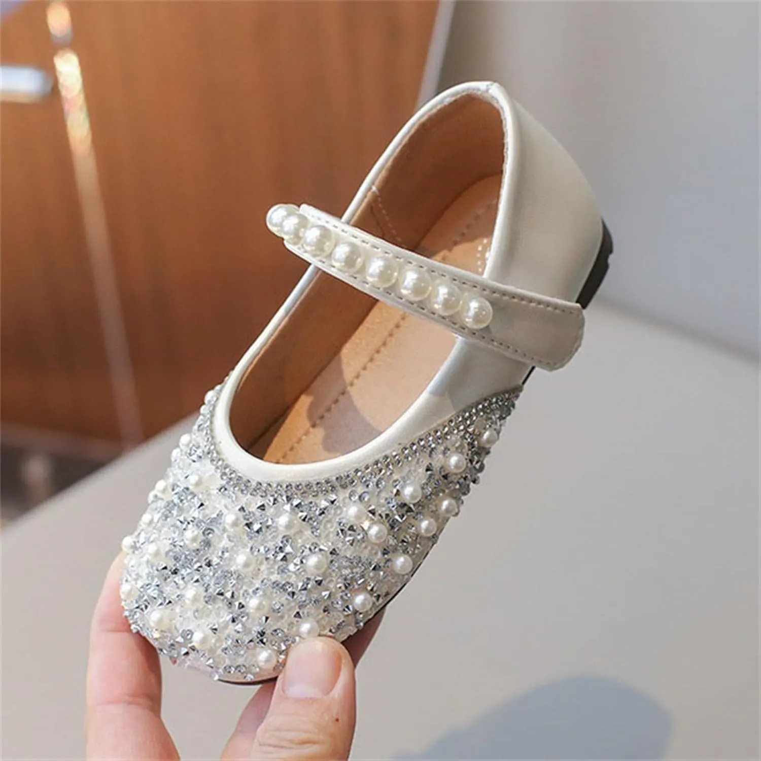 Girls Dress Shoes Mary Jane Ballet Shoes with Pearl Satin Ankle Tie Kids Glitter Rhinestone Flats for Wedding Party