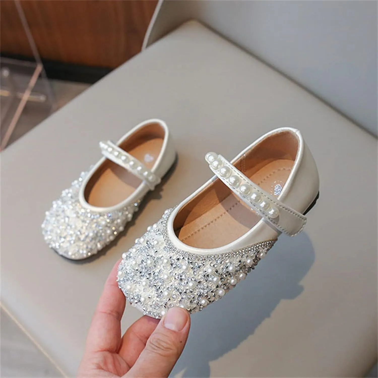 Girls Dress Shoes Mary Jane Ballet Shoes with Pearl Satin Ankle Tie Kids Glitter Rhinestone Flats for Wedding Party